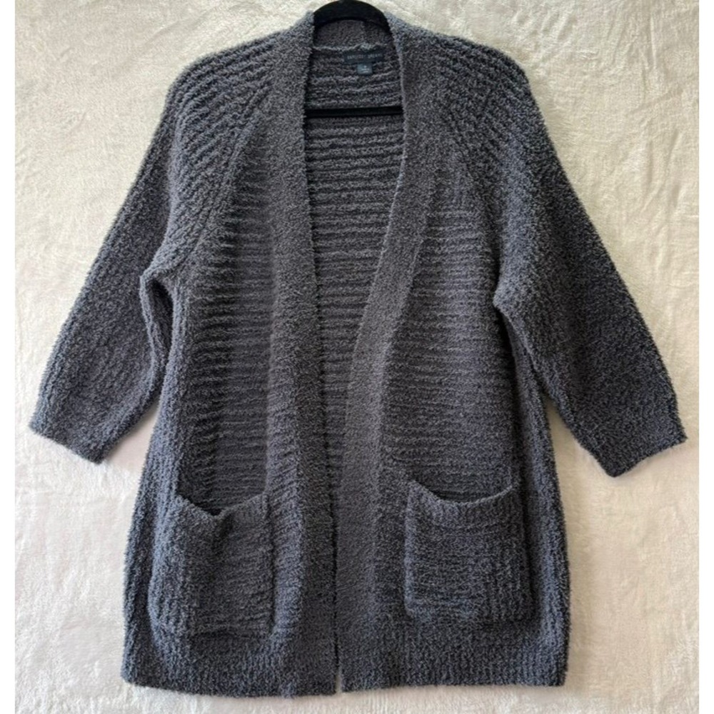 Barefoot Dreams CozyChic Open Front Cardigan Duster Womens M Gray Pockets Cozy